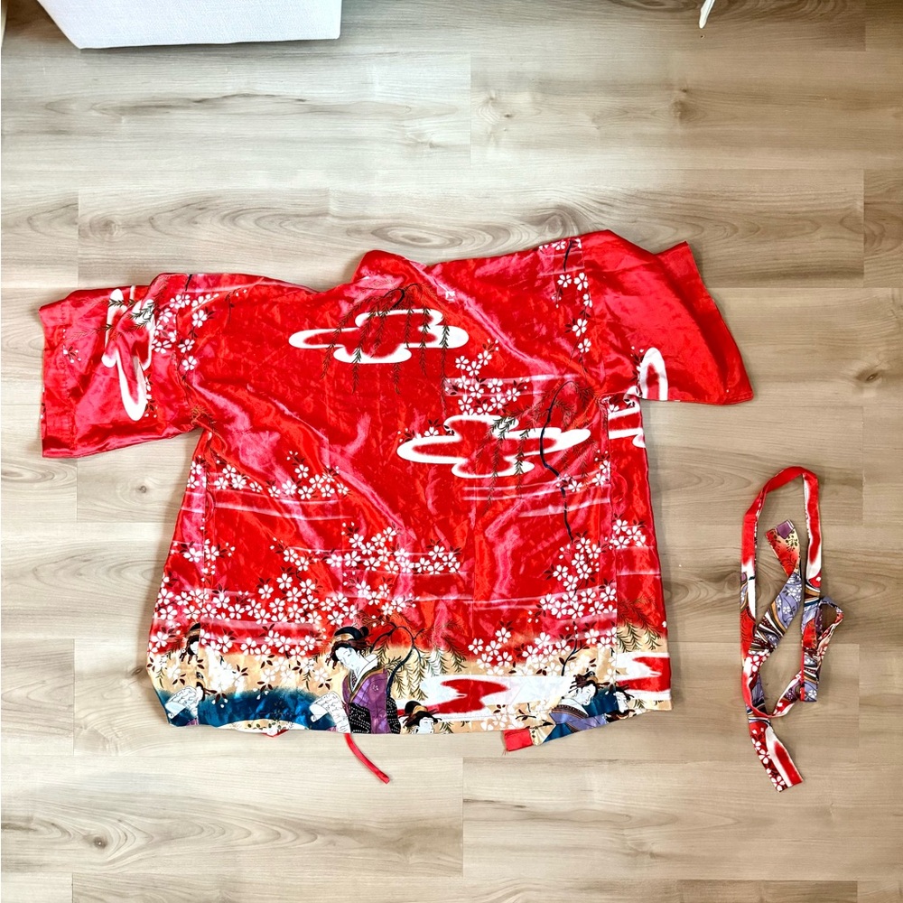 100% Silk Red Kimono From Thailand with Floral and Geisha Print